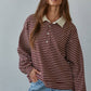 Knit Ribbed Striped Half Button Up Collared Pullover
