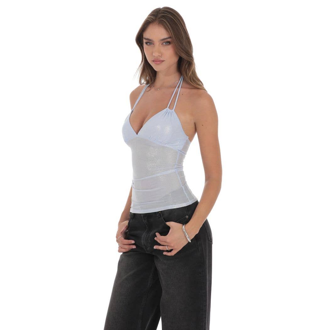 Foil Mesh Halter Top in Light Blue