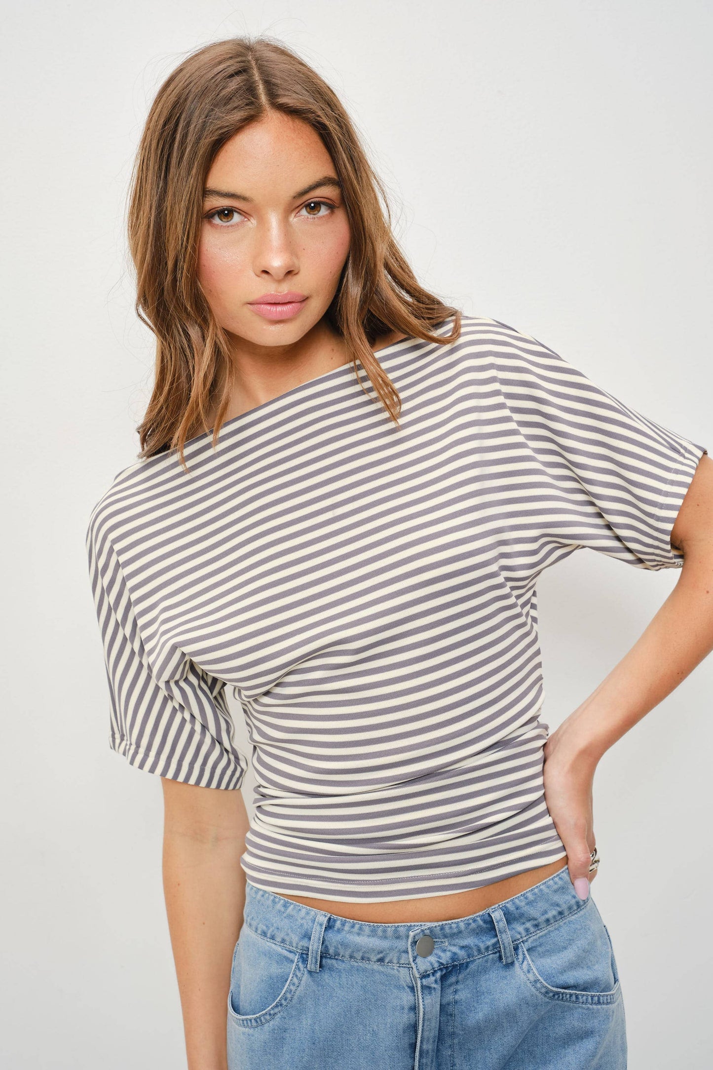 DELILAH STRIPED ONE SHOULDER TOP