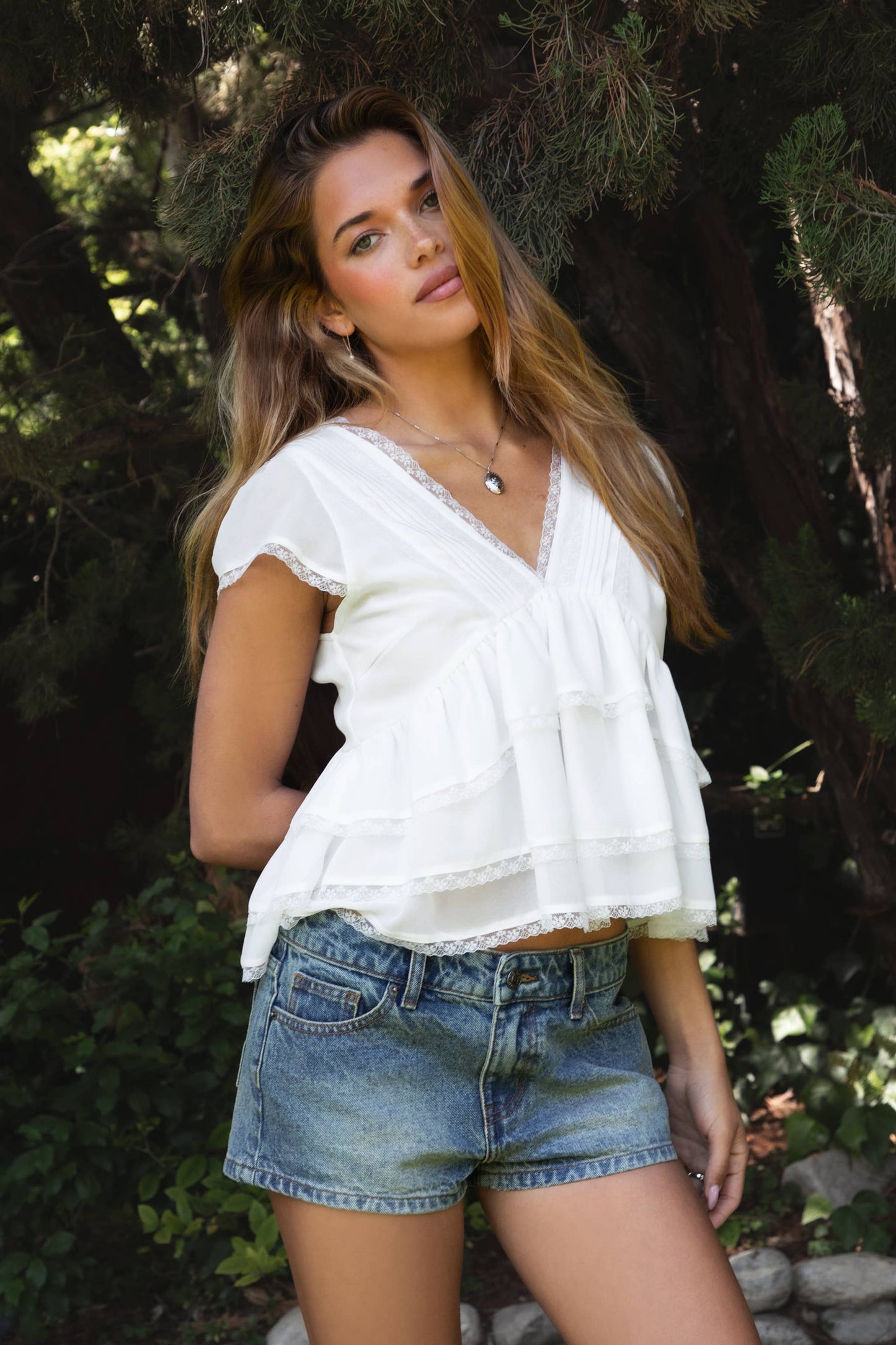 JULIETTE V Neck Tiered Ruffle Top