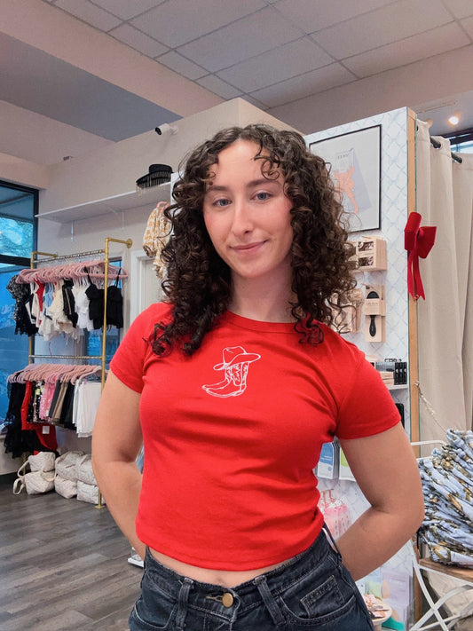 Embroidery Red Cowboy Boots Baby Tee