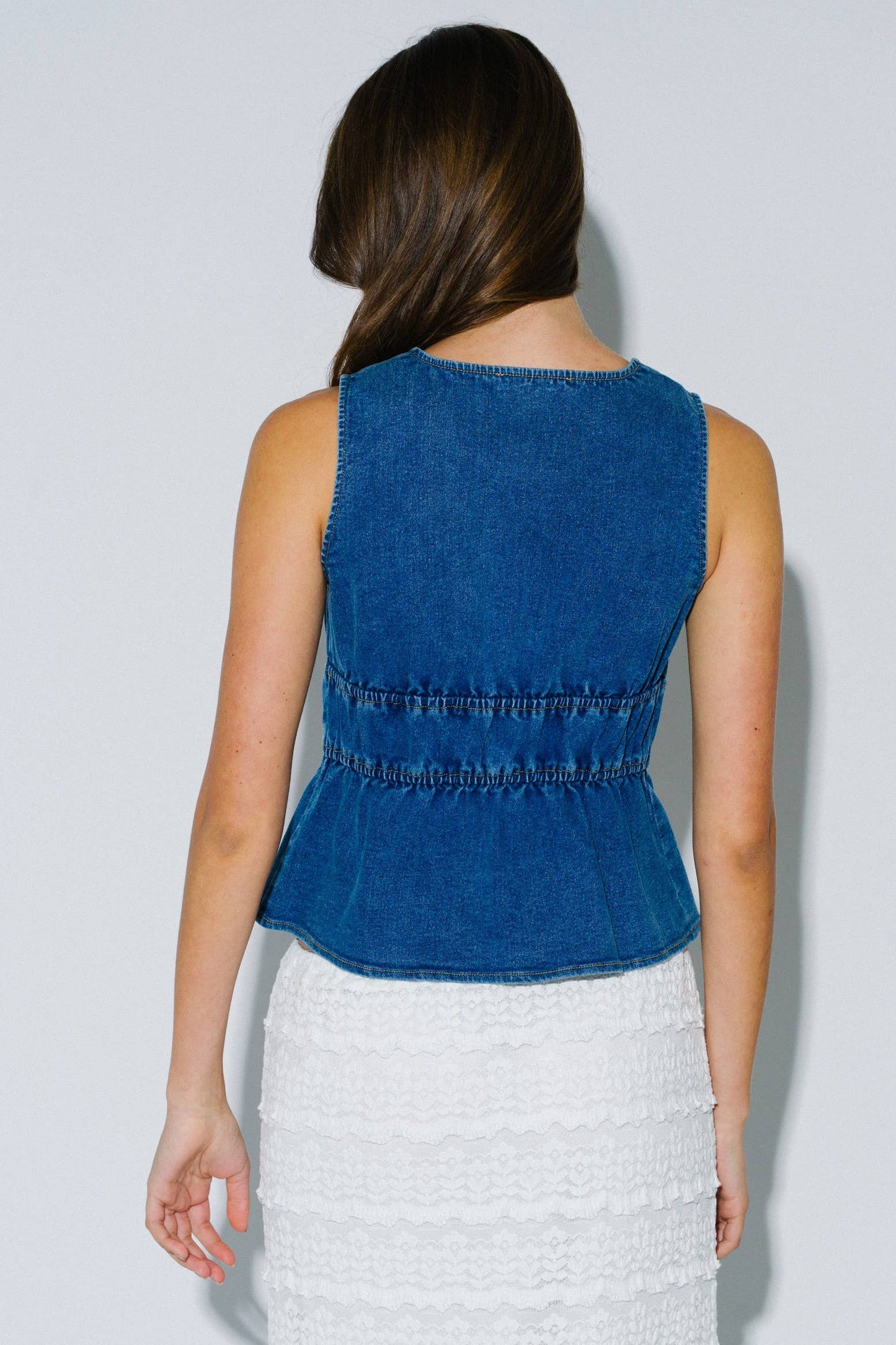 Denim Front Tie Sleeveless Peplum Top