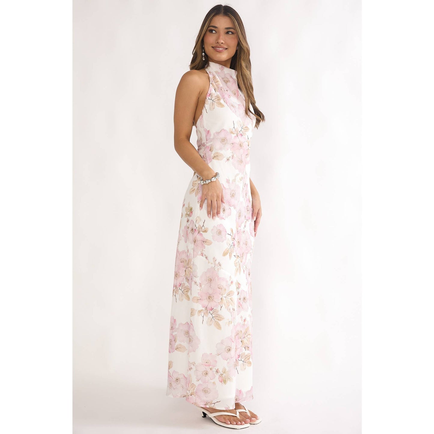 Cold Shoulder High Halter Floral Maxi Dress