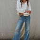 Woven Cotton Collar V-Neck Long Sleeve Blouse