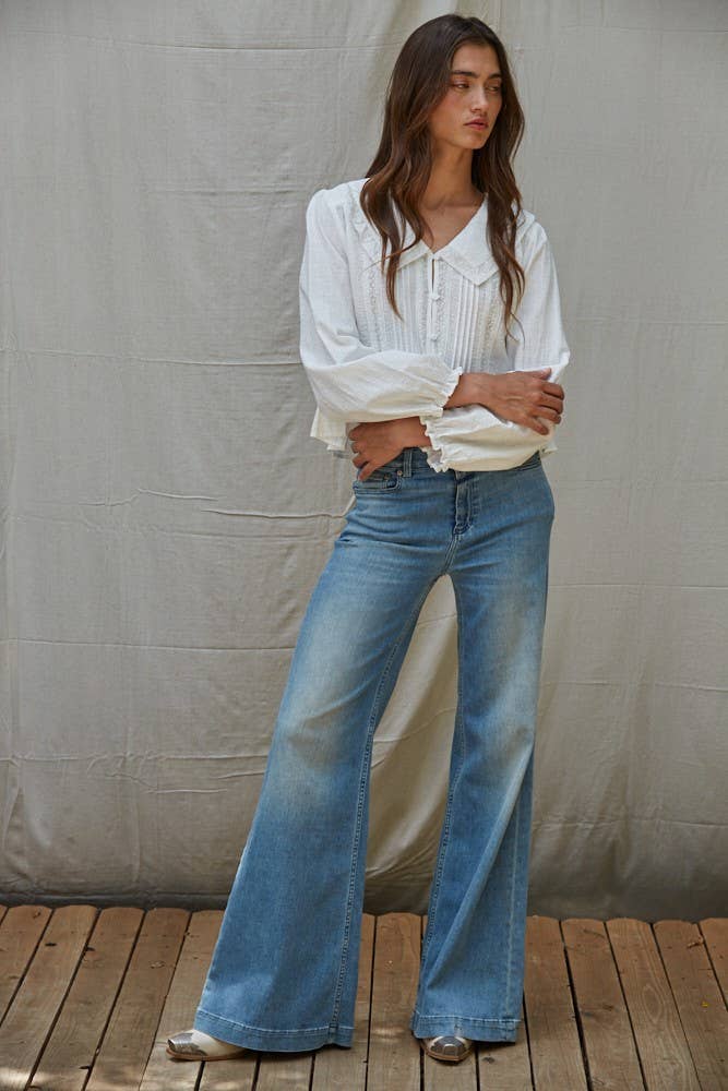 Woven Cotton Collar V-Neck Long Sleeve Blouse