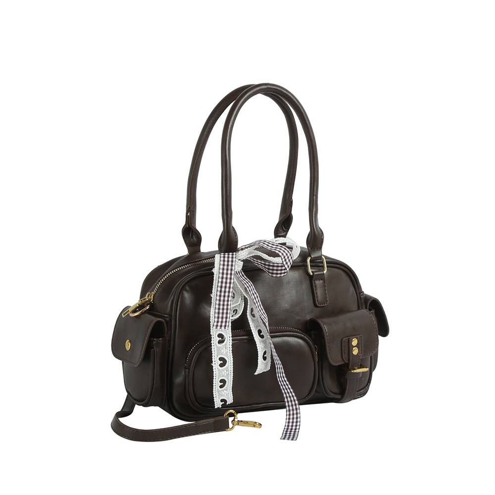 Multi Pocket Faux Leather Hand Bag With Ribbon Bow Charm
