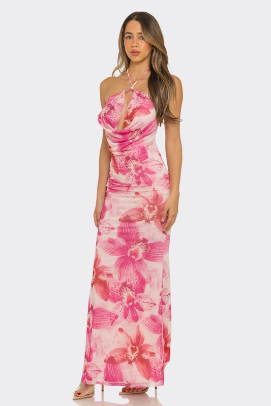 Pink Flower Halter Dress