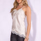 LACE TRIM ASYMMETRIC HEM CAMI SATIN TOP