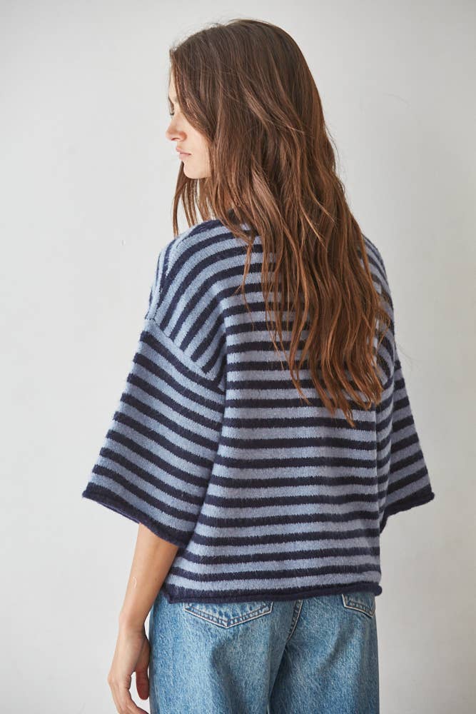 Knit Sweater Striped Quarter Sleeve Cardigan