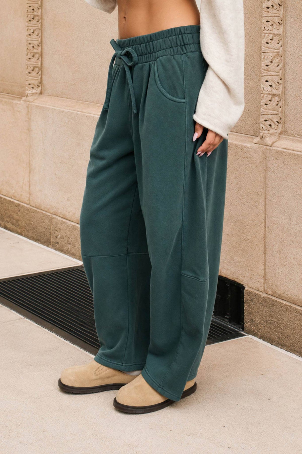 SMOCKED WAIST DRAWSTRING BARREL LEG SWEATPANTS