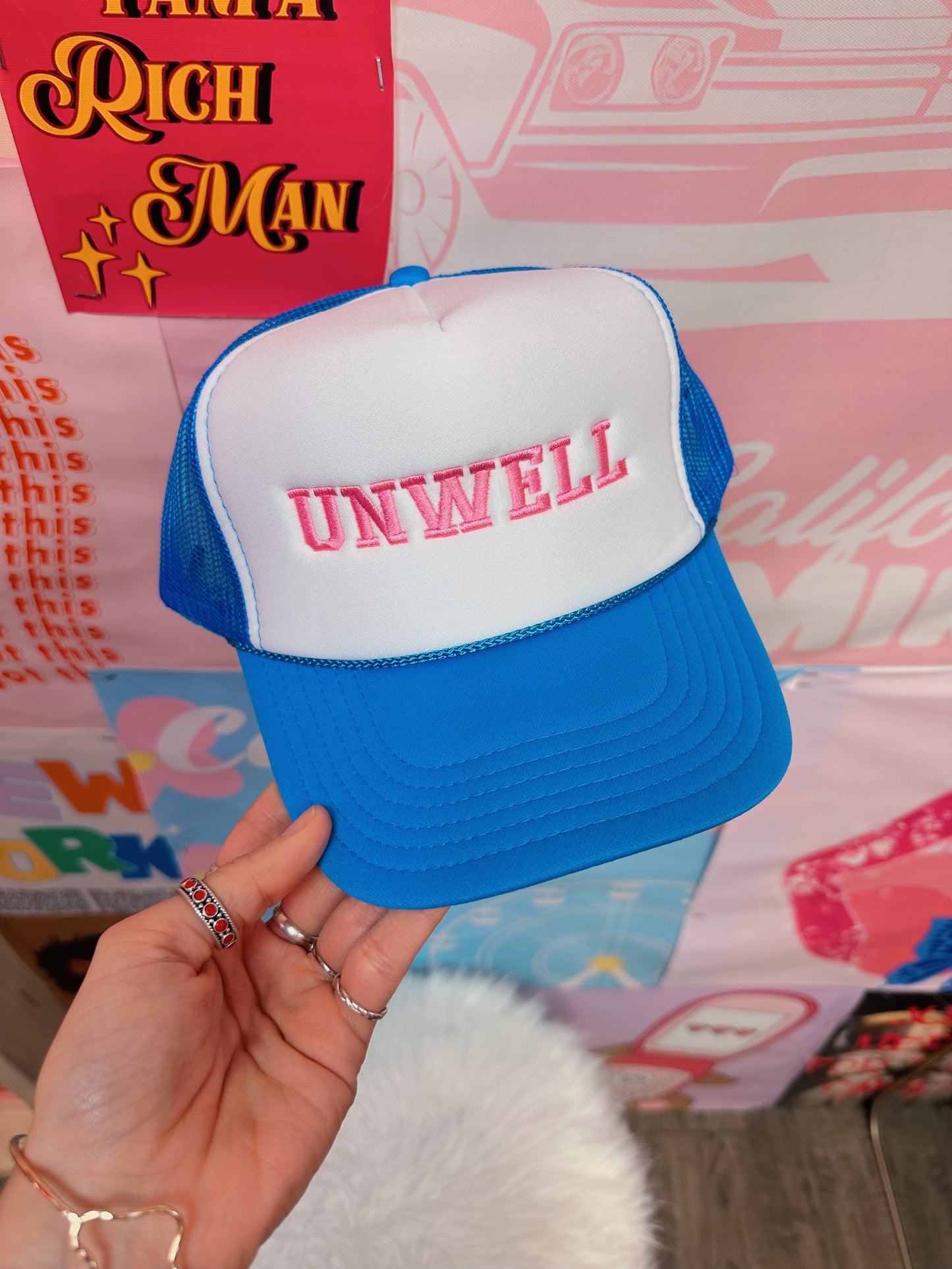 Unwell Trucker Hat: Blue/Pink