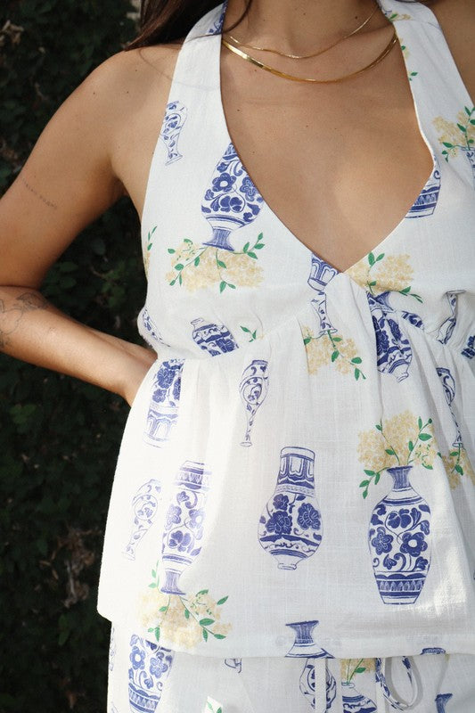 Vase Print Halter Peplum Top
