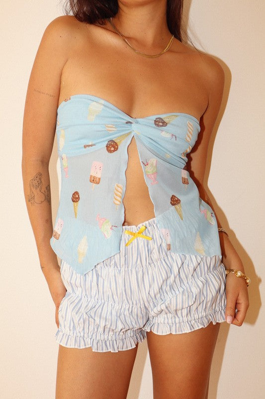 Ruffled High-waist Shorts With Stripes And Bow
