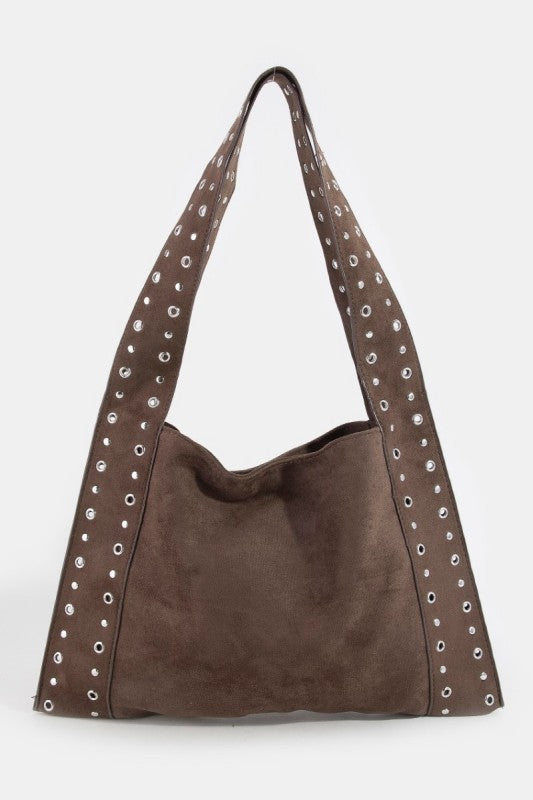Grommet Strap Suede Shoulder Bag