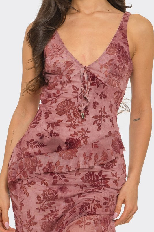 Ruffle Trim Slit Front Maxi Dress