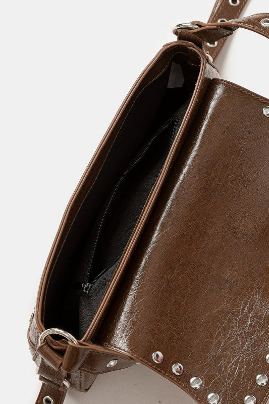 Glossy Leather Rivet Trim Shoulder Bag