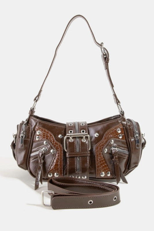 Rivet Detail Leather Shoulder Bag