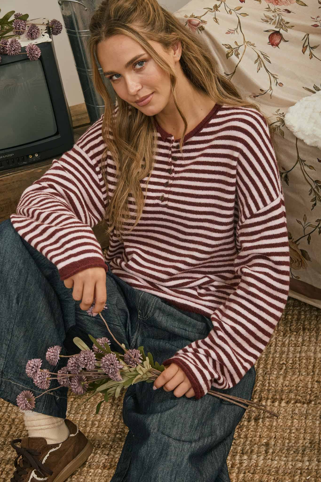 Henley Striped Sweater