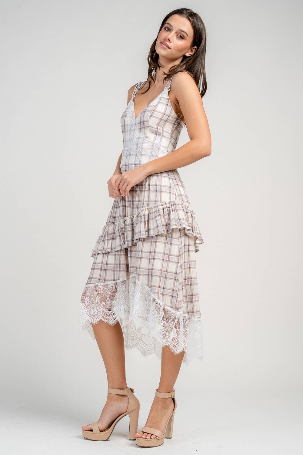 PLAID HEMMED LACE TRIMMED DRESS