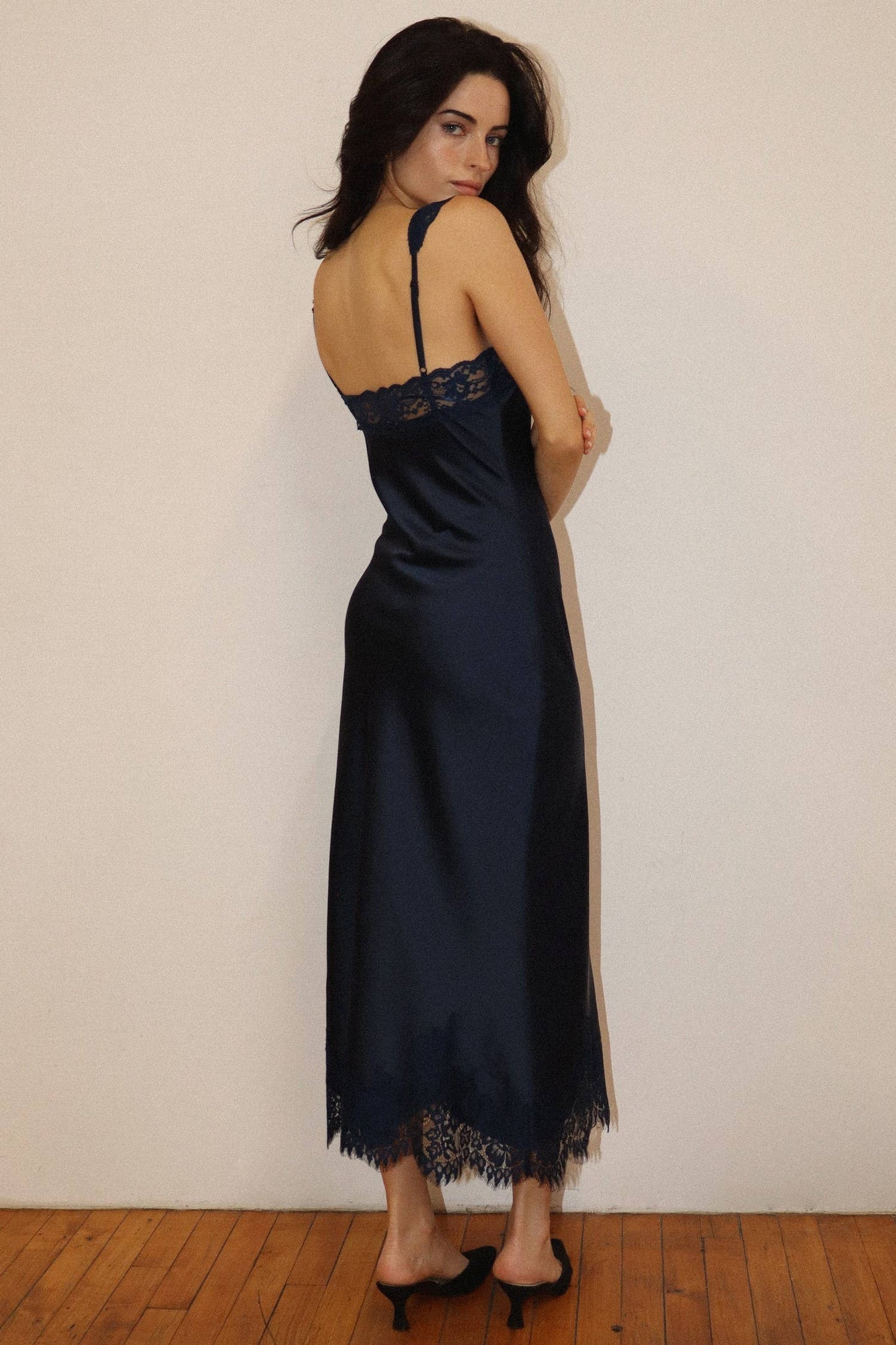 Lace Trim Satin Midi Dress