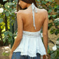Frayed Hem Deep V-Neck Halter Neck Open Back Top
