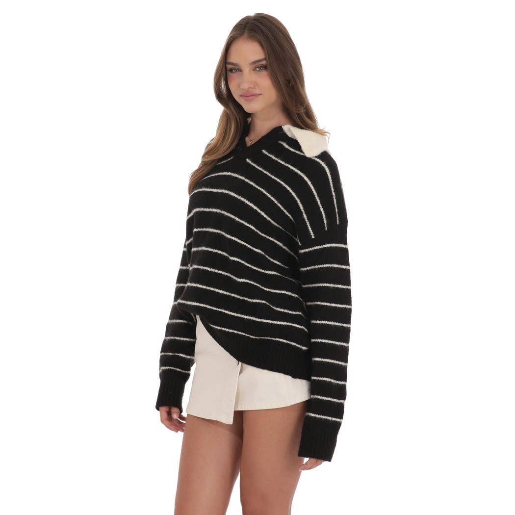 Striped Knit Rugby Jumper in Black