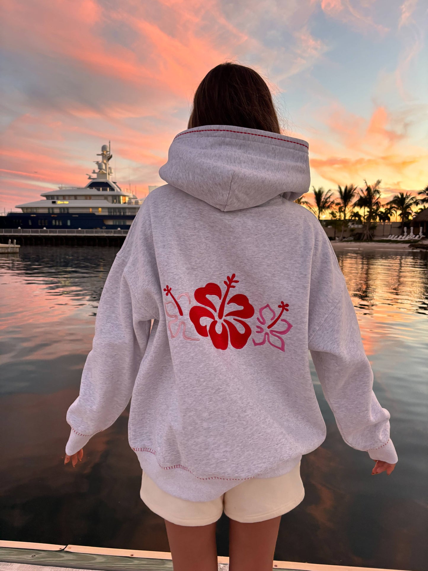 Pearl Grey Hibiscus Flowers Hoodie