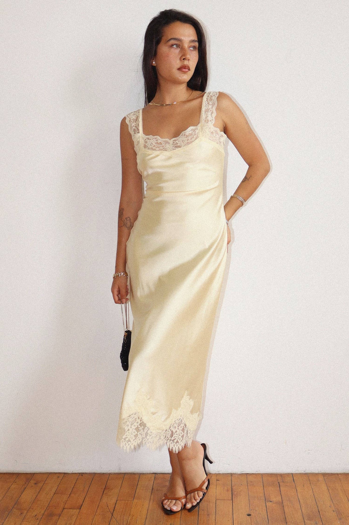 Lace Trim Satin Midi Dress