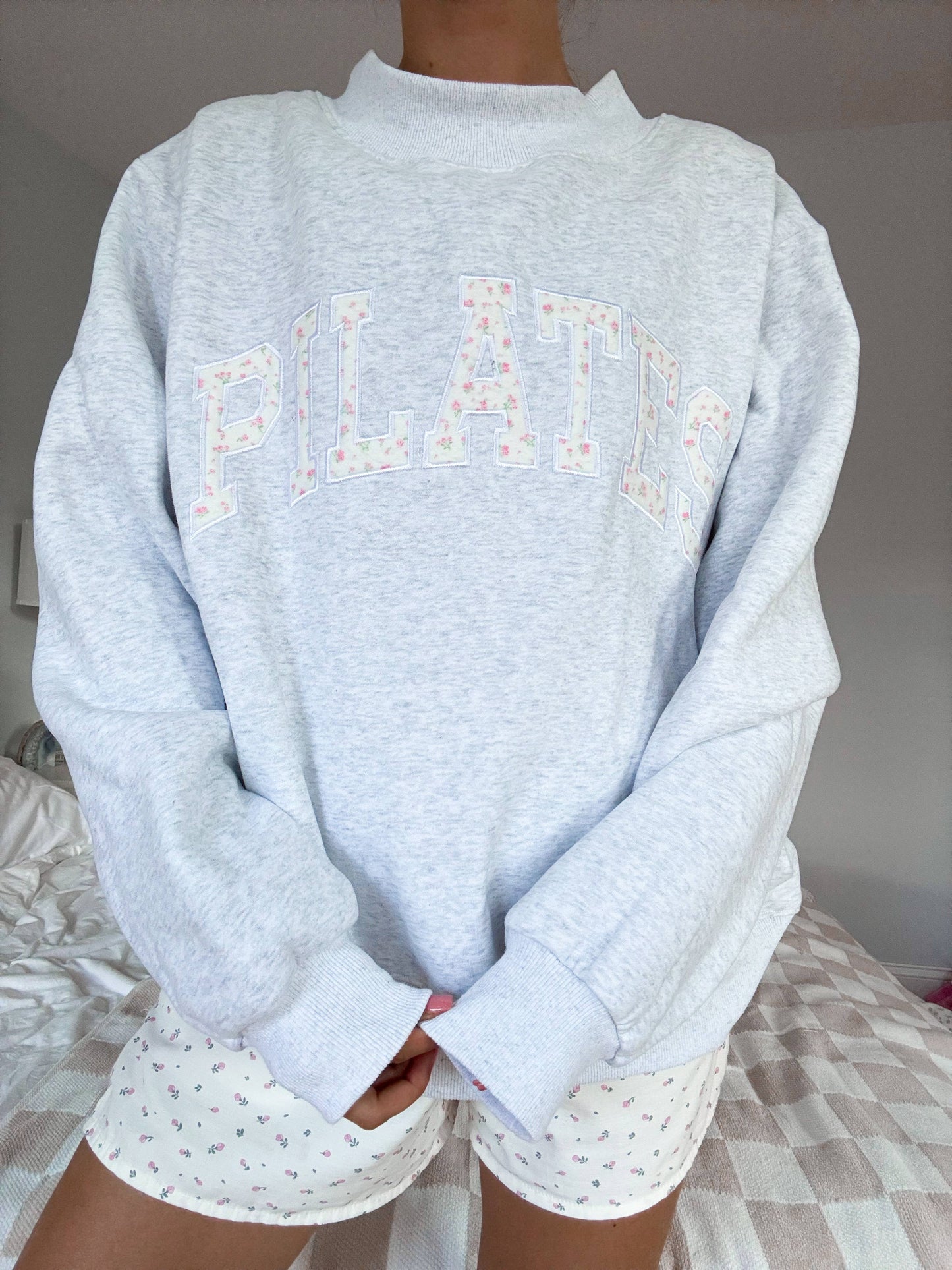 Pearl Grey Mockneck Pilates Embroider Sweatshirt