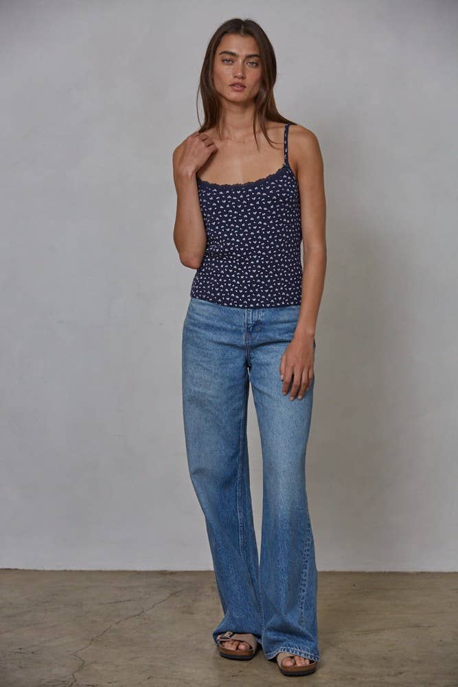 Navy Floral Print Waffle Cami