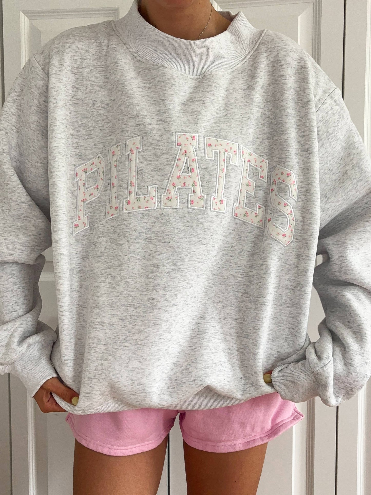 Pearl Grey Mockneck Pilates Embroider Sweatshirt