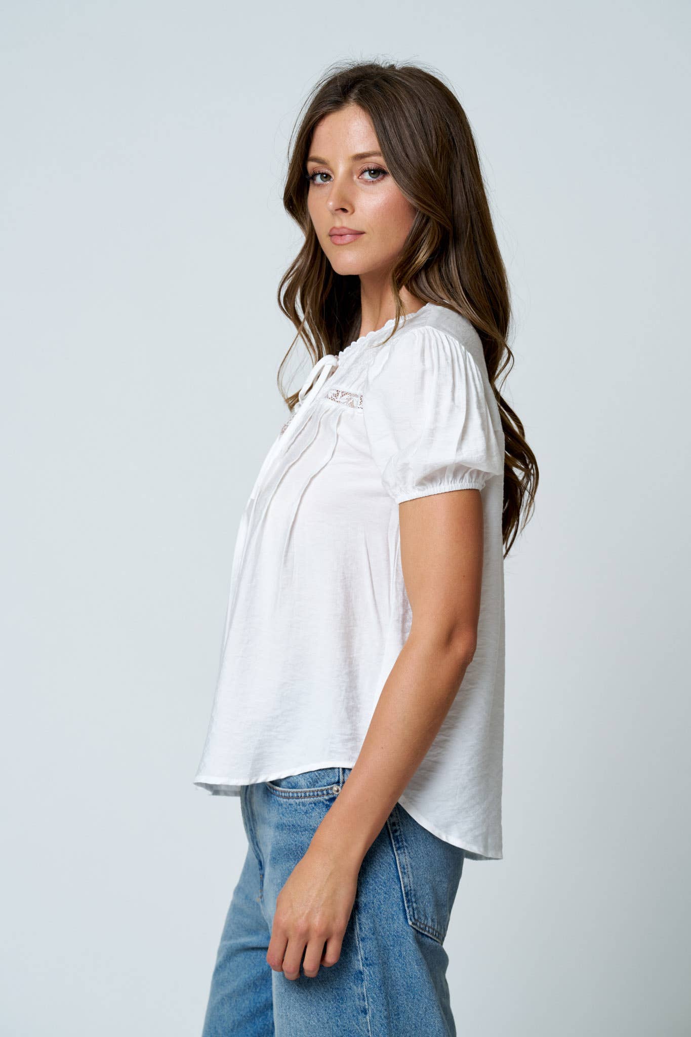EMBROIDERED LACE TRIM PINTUCK DETAIL TOP