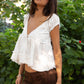 V-Neck Boho Lace Trim Puff Sleeves Babydoll Top