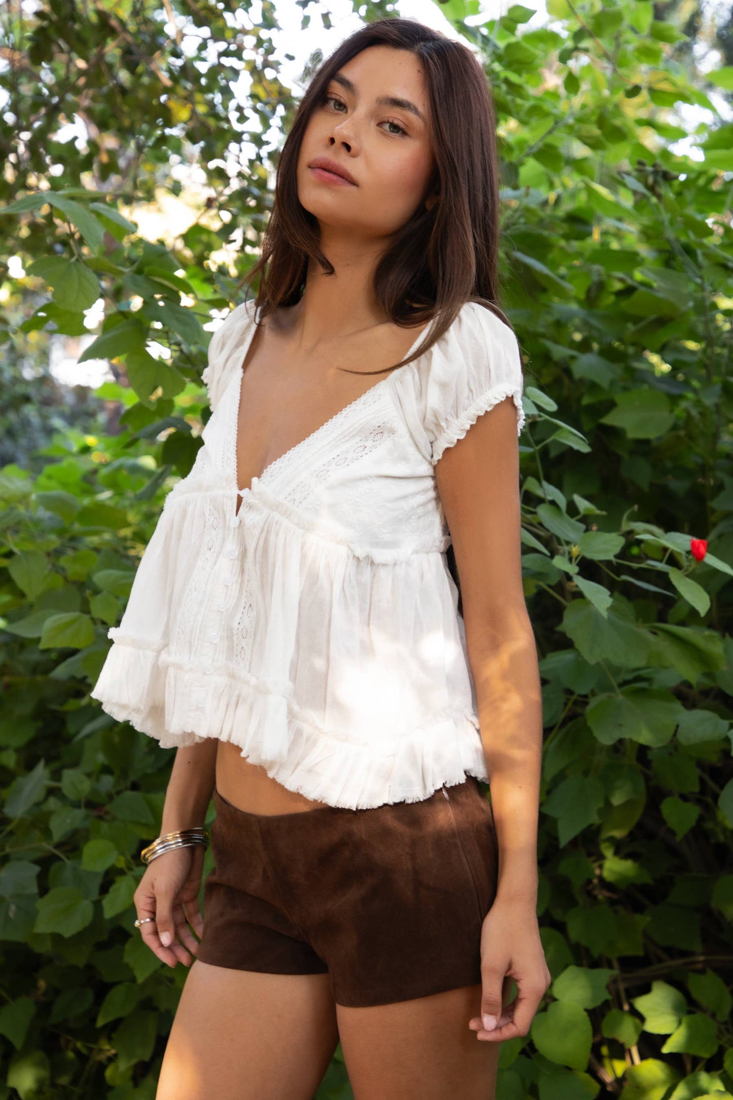 V-Neck Boho Lace Trim Puff Sleeves Babydoll Top