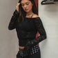 Maple Leaf Lace Boat Off-Shoulder Long Sleeve Top