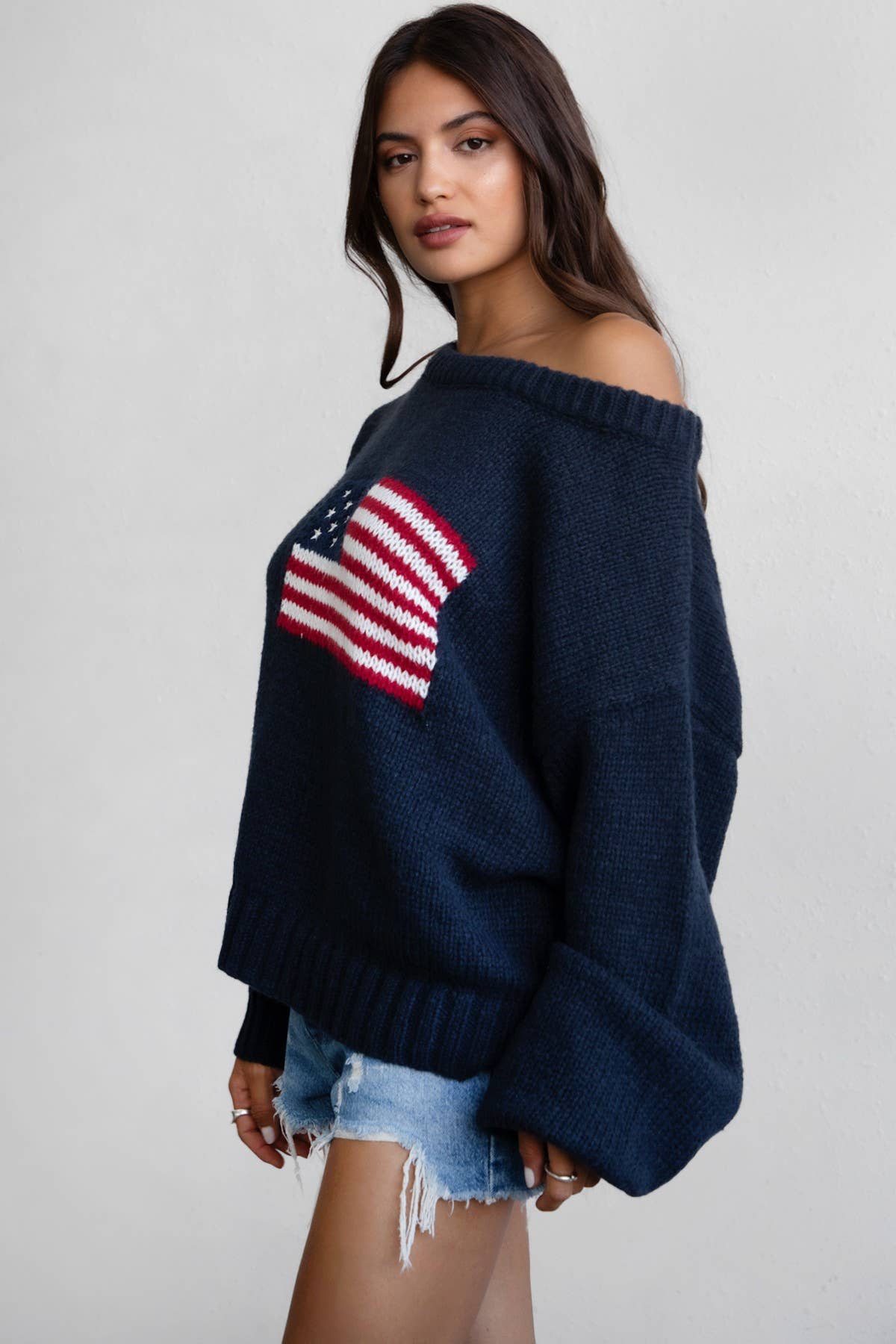 American Flag Knit Off The Shoulder Sweater