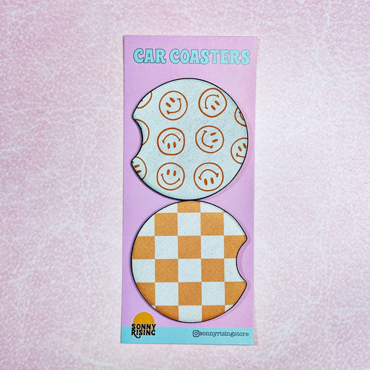 2 Car Coasters, Orange Happy Checkered Design