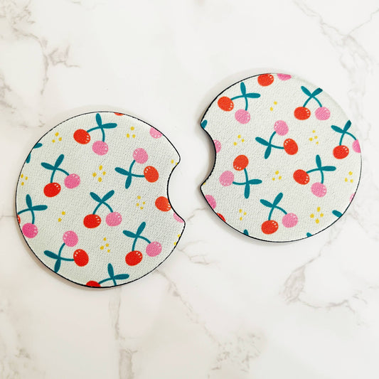 2 Car Coasters, Red and Pink Cherries Pattern