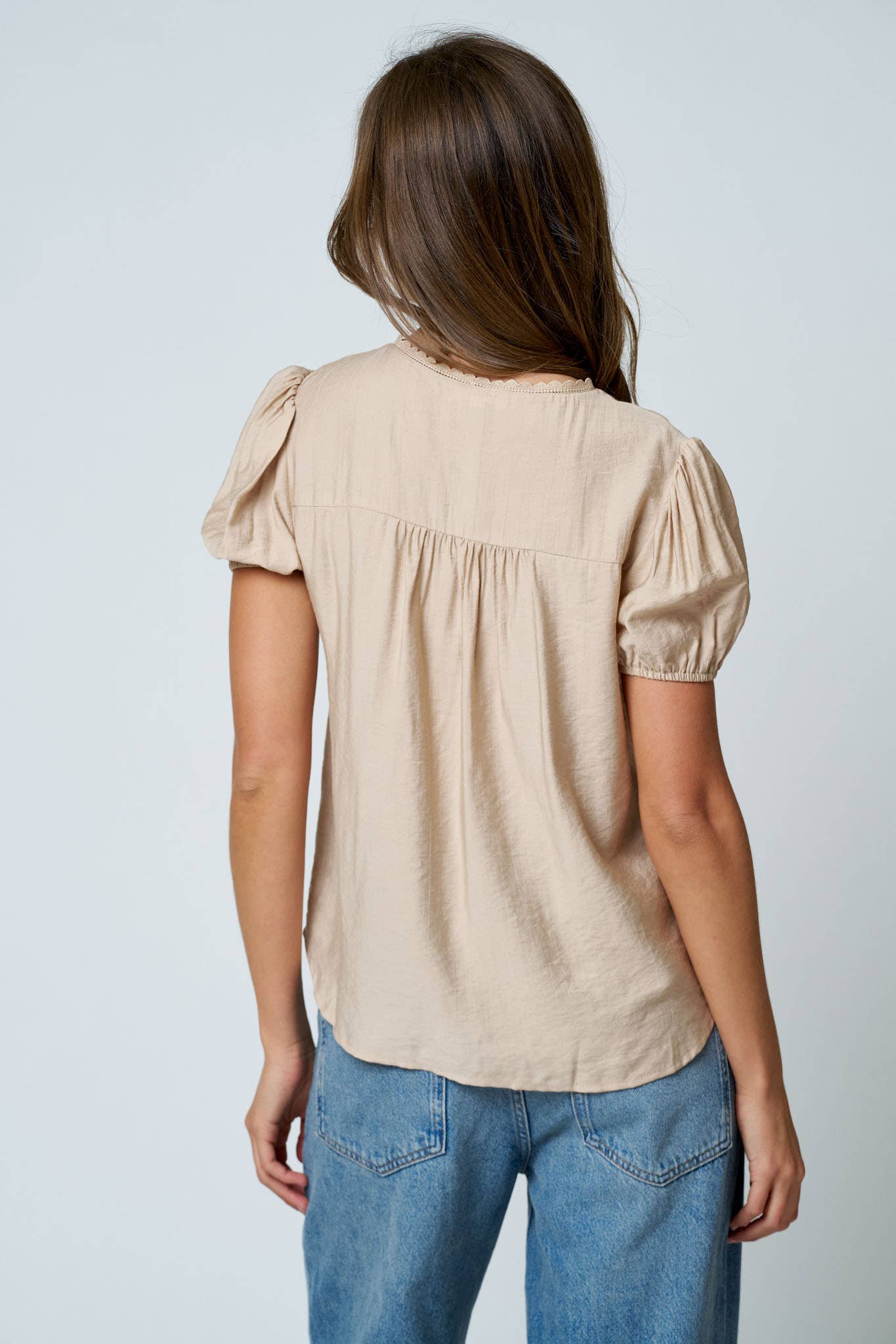 EMBROIDERED LACE TRIM PINTUCK DETAIL TOP