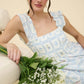 Blue Floral Square Neckline Dress