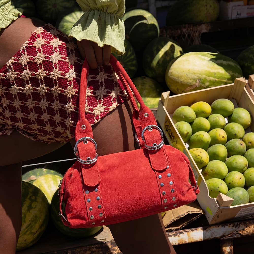 Grommet Accent Suede Hand Bag