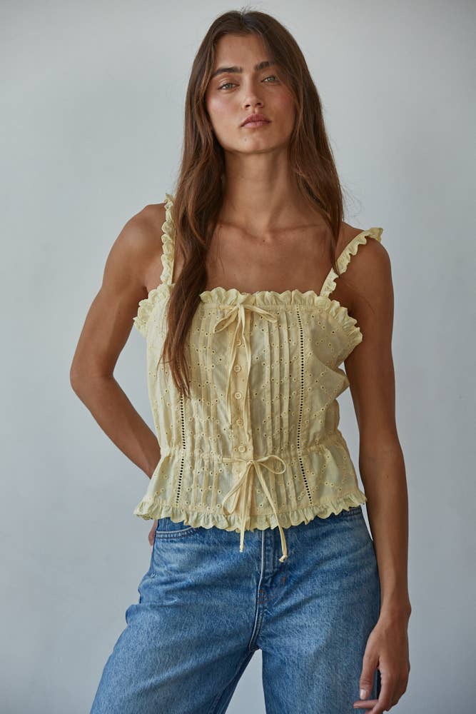 Woven Eyelet Button Down Square Neck Top