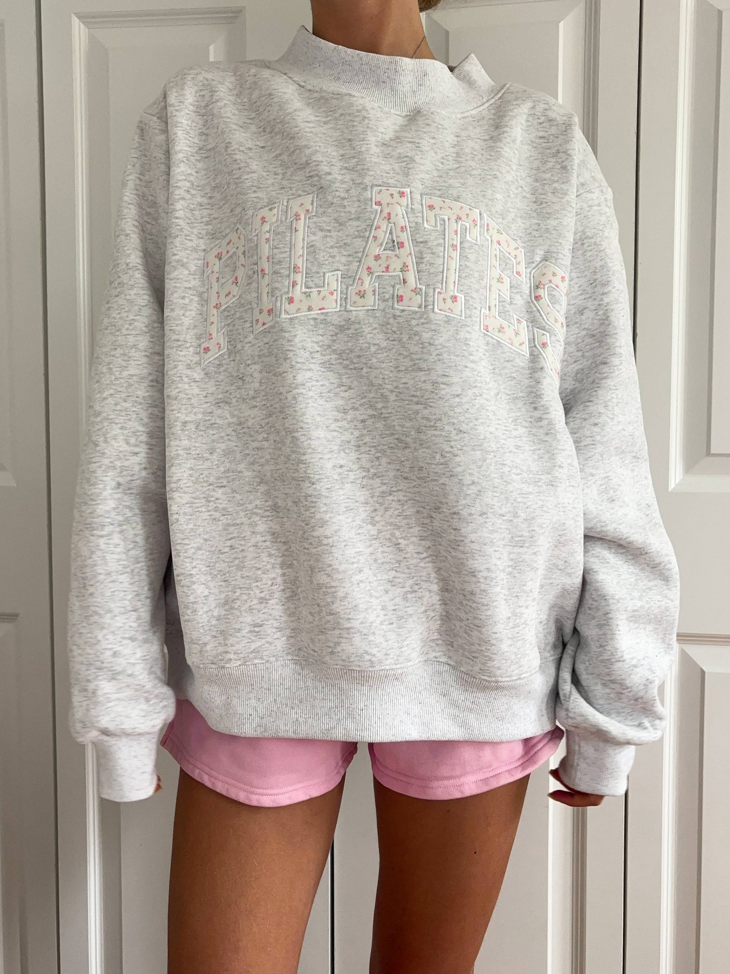 Pearl Grey Mockneck Pilates Embroider Sweatshirt