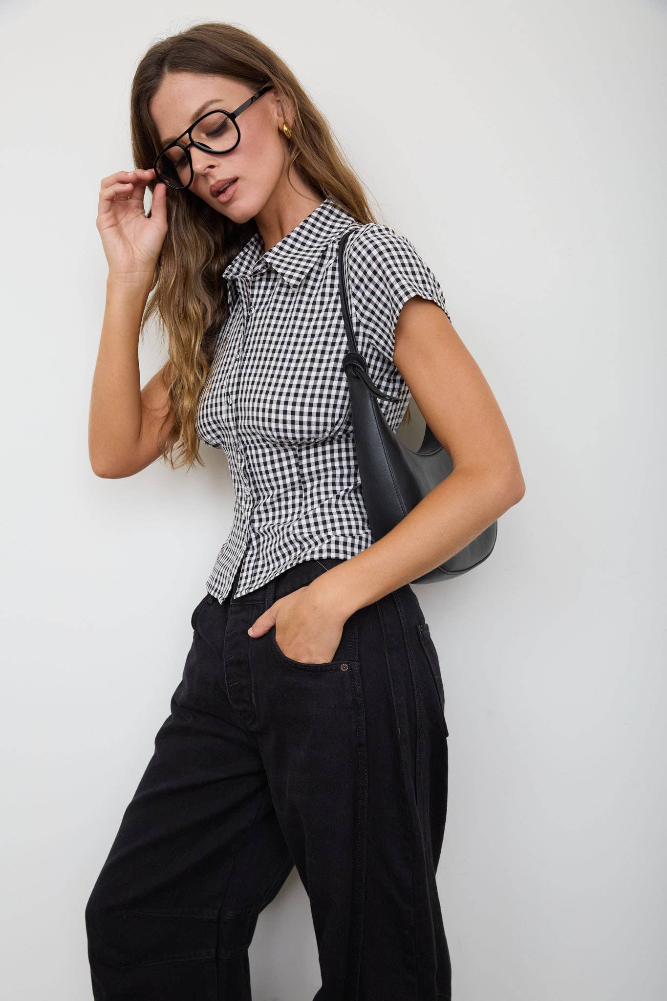 GINGHAM COLLARED SHORT SLEEVE TOP