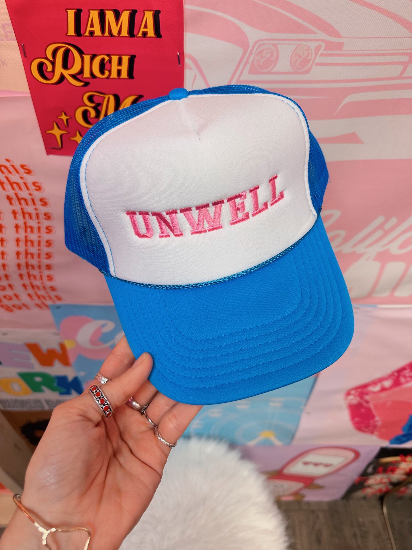 Unwell Trucker Hat: Blue/Pink