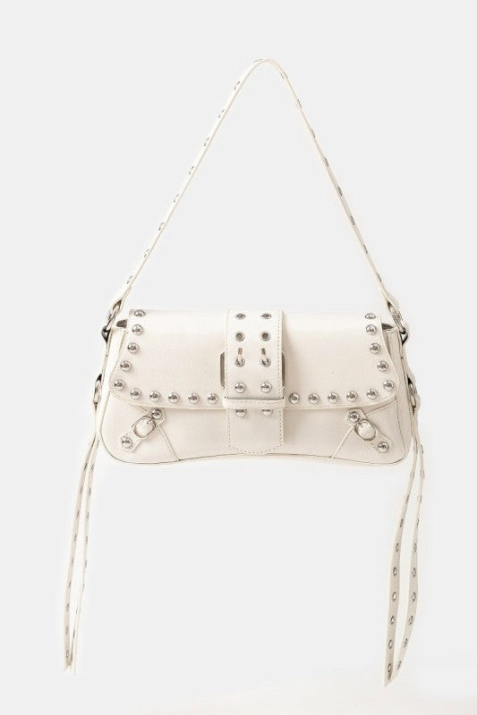 Glossy Leather Rivet Trim Shoulder Bag