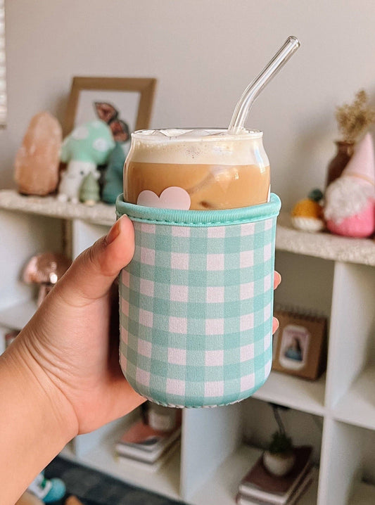 Mint Gingham Iced Coffee Sleeve: Small (16-18oz)
