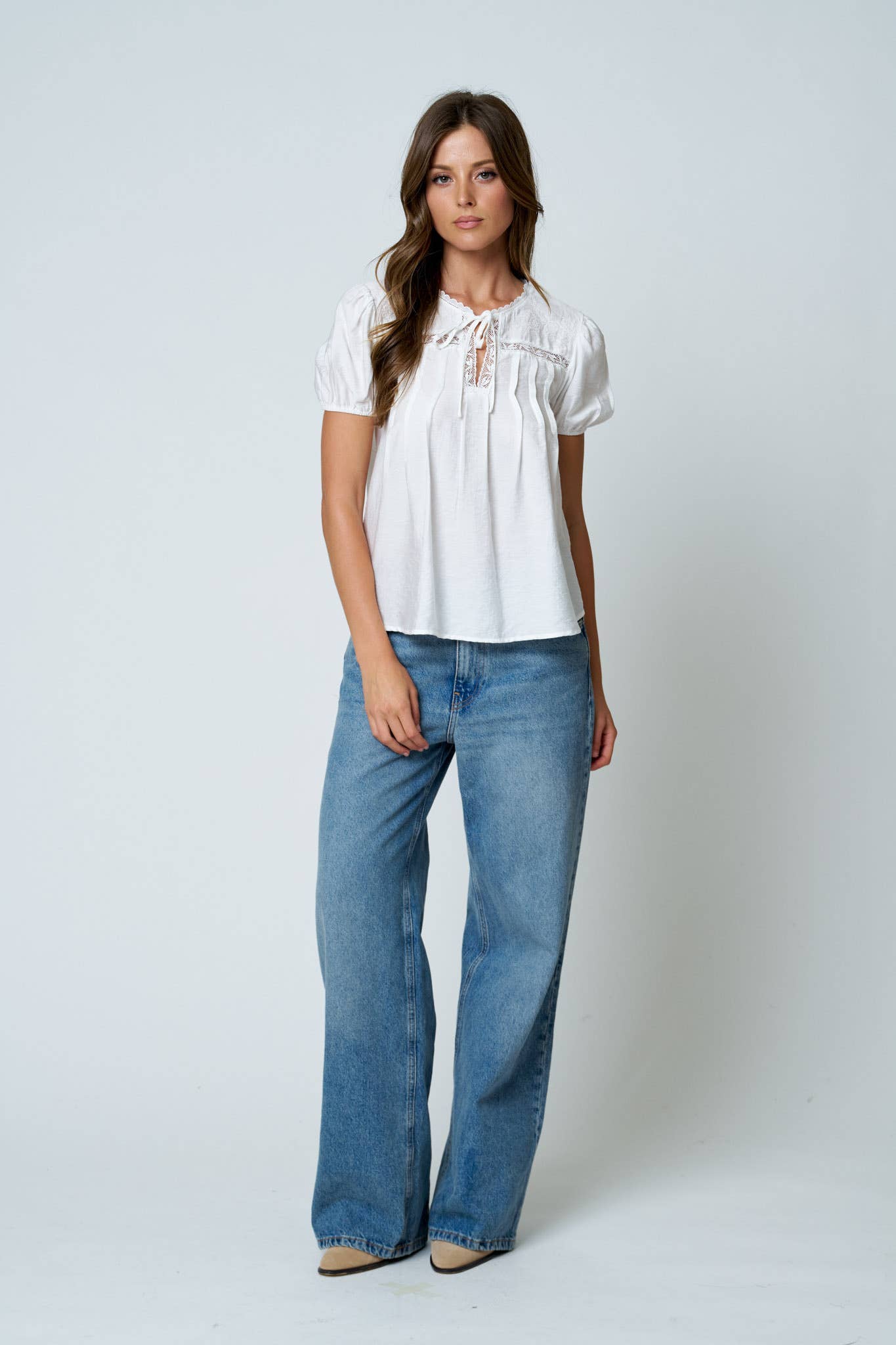 EMBROIDERED LACE TRIM PINTUCK DETAIL TOP