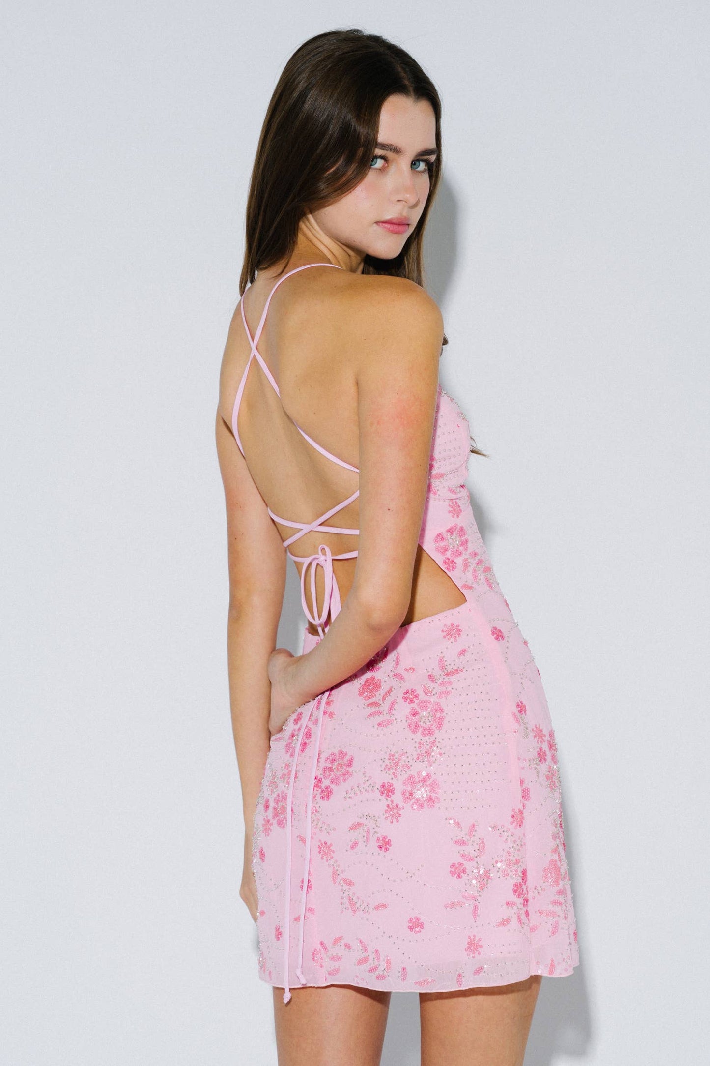 Beaded Floral Lace-Up Mini Dress