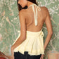 Frayed Hem Deep V-Neck Halter Neck Open Back Top